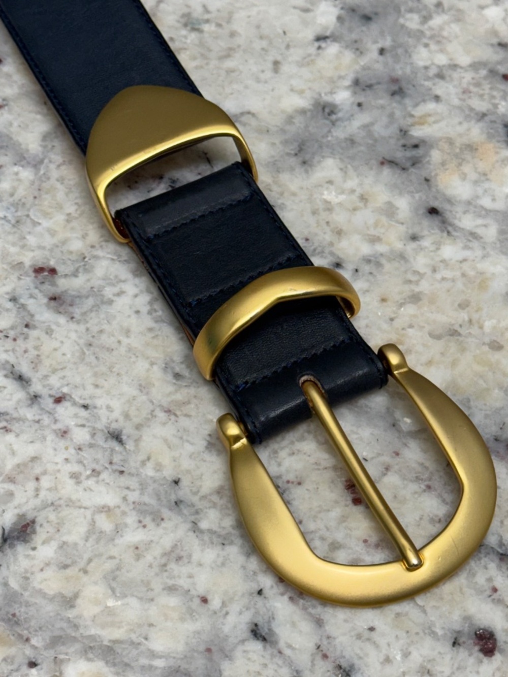 Vintage Americana by Sharif Navy Leather Belt Gold Buckle, sz Medium